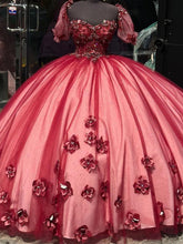 Red Sweetheart Cap Sleeve 3D Floral Beaded Rhinestone Ball Gown Quinceanera Gown