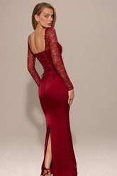 Red Sweetheart Long Sleeves Lace Bodycon Satin Floor Length Formal Evening Dress
