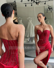 Red Sweetheart Sleeveless Beaded Mermaid Satin High Slit Floor Length Formal Evening Gown