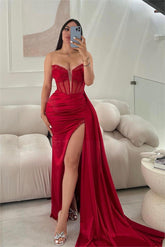 Red Sweetheart Sleeveless Corset Beaded Rhinestone Mermaid Satin Slit Floor Evening Gown