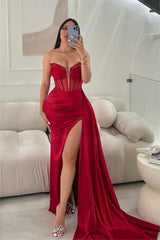 Red Sweetheart Sleeveless Corset Beaded Rhinestone Mermaid Satin Slit Floor Evening Gown