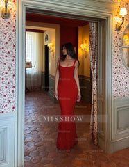 Red Sweetheart Sleeveless Lace Appliques Mermaid Pleated Floor Length Formal Evening Dress