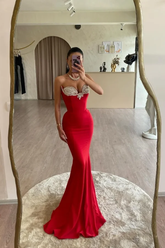 Red Sweetheart Sleeveless Mermaid Satin Beaded Pleated Floor Length Formal Evening Dress