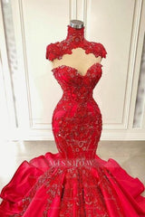 Red Sweetheart Sleeveless Mermaid Satin Floor-Length Prom Evening Dresses with Beading