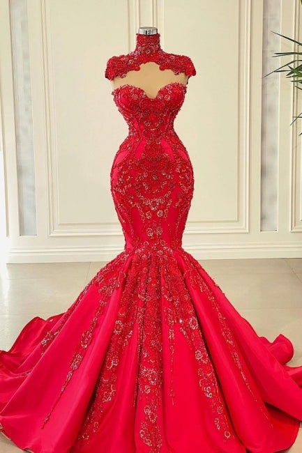 Red Sweetheart Sleeveless Mermaid Satin Floor-Length Prom Evening Dresses with Beading