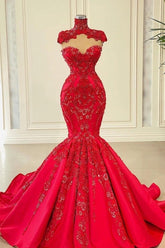 Red Sweetheart Sleeveless Mermaid Satin Floor-Length Prom Evening Dresses with Beading