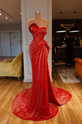 Red Sweetheart Sleeveless Sequined Mermaid Ruching Floor Length Formal Evening Gown