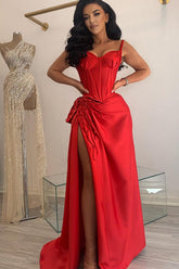 Red Sweetheart Spaghetti Straps Mermaid Satin Appliques Ruffles Floor Length Evening Gown