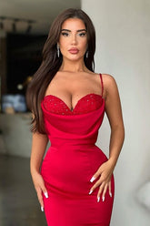 Red Sweetheart Spaghetti Straps Mermaid Satin Beaded Floor Length Formal Evening Gown