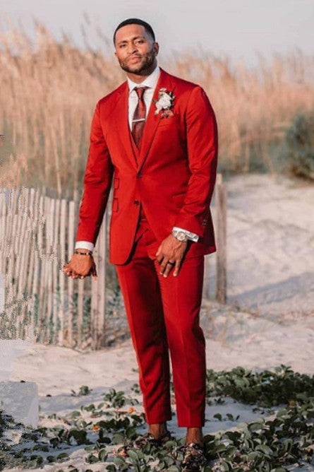 Red Three Pieces Stylish Velvet Peak Lapel Men’s Suits