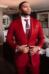Red Three Pieces Stylish Velvet Peak Lapel Men’s Suits