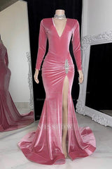 Red V-Neck Long Sleeve Rhinestone Ruched Mermaid Velvet Floor Length Evening Gown