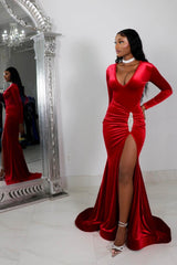 Red V-Neck Long Sleeve Rhinestone Ruched Mermaid Velvet Floor Length Evening Gown