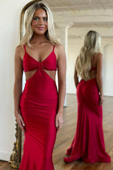 Red Waistless Sleeveless Tight Fitting Spaghetti Strap Mermaid Formal Dress