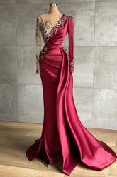 Red evening dress floor-length Prom Evening Dresses with sleeves