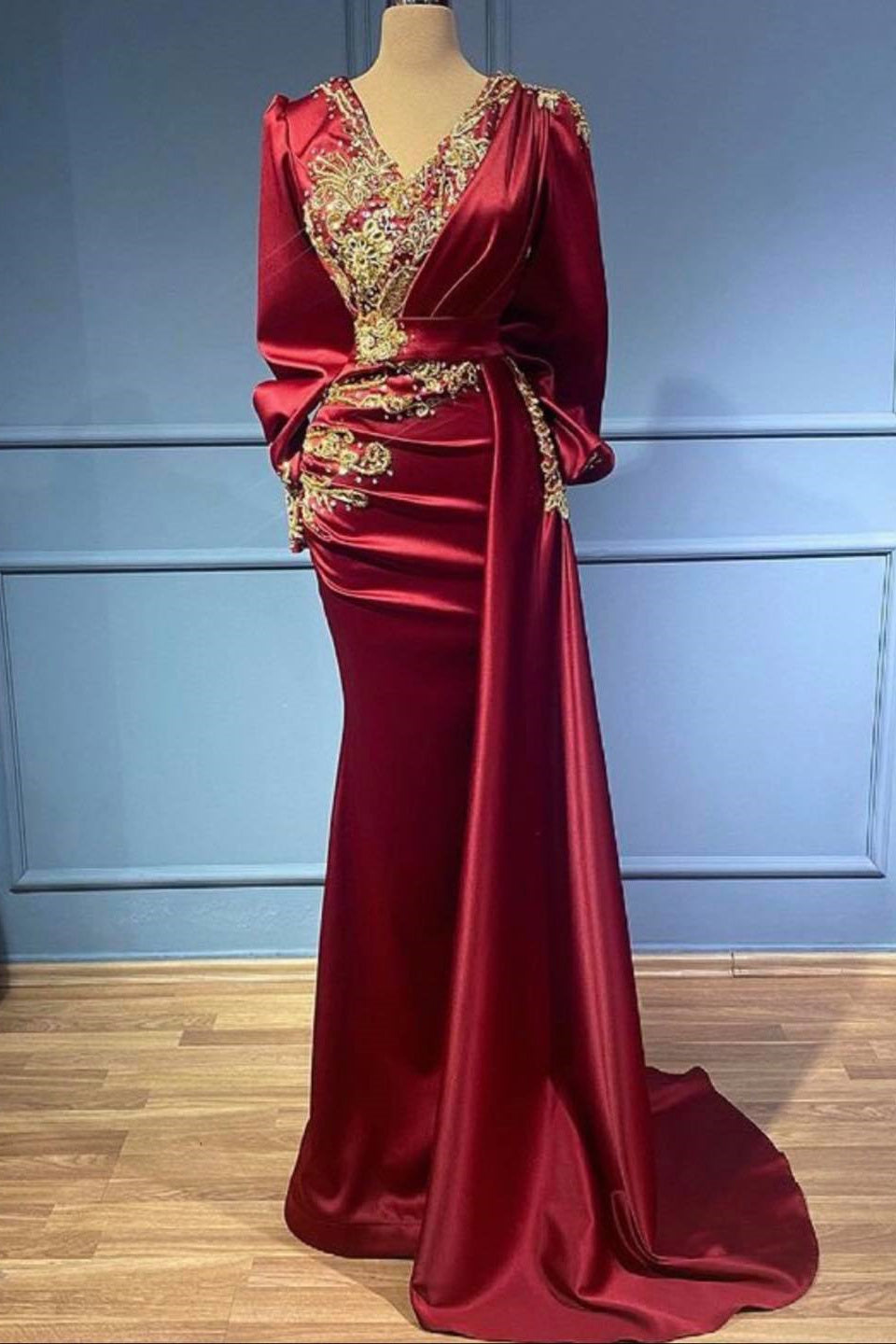 Red evening dresses with sleeves elegant floor-length Prom Evening Dresses