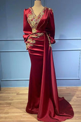 Red evening dresses with sleeves elegant floor-length Prom Evening Dresses