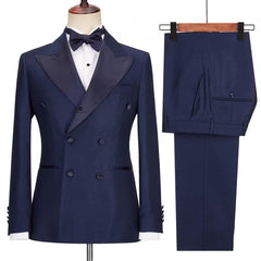 Refined Dark Navy Peak Lapel Double Breasted Prom Suit