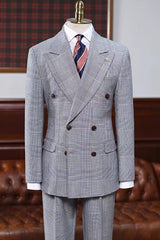 Refined Gray Checkered Peak Lapel Double-Breasted Business Suit