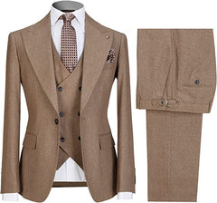 Refined Khaki Peak Lapel Three-Piece Business Suit for Men