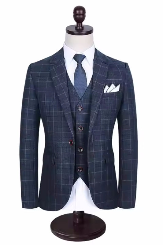 Refined Navy Notched Lapel Three-Piece Plaid Business Suit