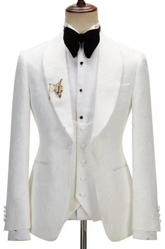 Refined White Jacquard Shawl Lapel Three-Piece Wedding Suit