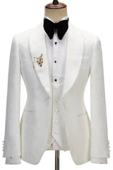 Refined White Jacquard Shawl Lapel Three-Piece Wedding Suit