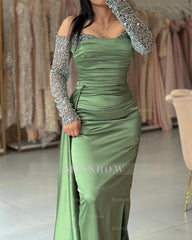 Refreshing Dusty Sage Off-The-Shoulder Long-Sleeve Mermaid Formal Dress with Panel Train