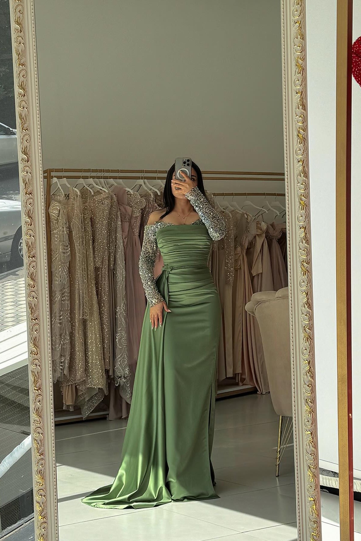Refreshing Dusty Sage Off-The-Shoulder Long-Sleeve Mermaid Formal Dress with Panel Train