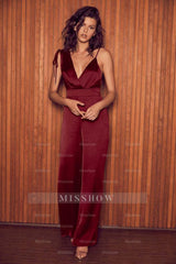 Retro Coral Satin Asymmetrical Wide-Leg Jump Suit