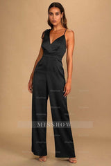 Retro Emerald Green Satin Asymmetrical Wide-Leg Jump Suit