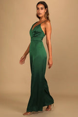 Retro Emerald Green Satin Asymmetrical Wide-Leg Jump Suit