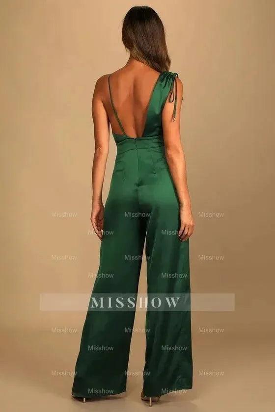 Retro Emerald Green Satin Asymmetrical Wide-Leg Jump Suit