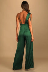 Retro Emerald Green Satin Asymmetrical Wide-Leg Jump Suit