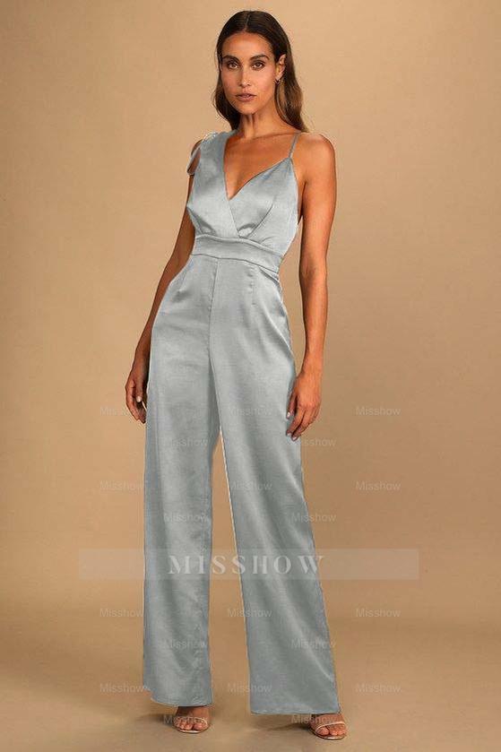 Retro Emerald Green Satin Asymmetrical Wide-Leg Jump Suit
