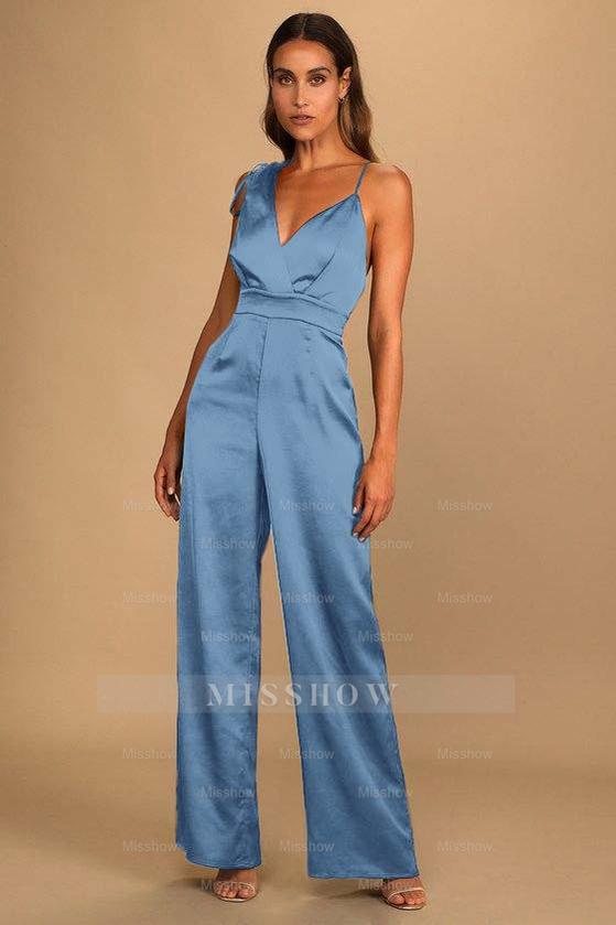 Retro Emerald Green Satin Asymmetrical Wide-Leg Jump Suit