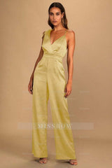Retro Emerald Green Satin Asymmetrical Wide-Leg Jump Suit
