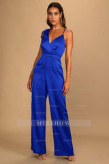 Retro Emerald Green Satin Asymmetrical Wide-Leg Jump Suit