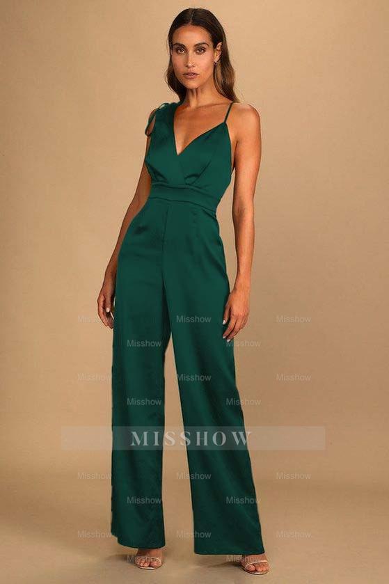 Retro Emerald Green Satin Asymmetrical Wide-Leg Jump Suit