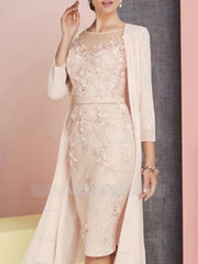 Retro Round Long-Sleeve Knee-Length Mother of the Bride Sheath Dress with Lace Appliques