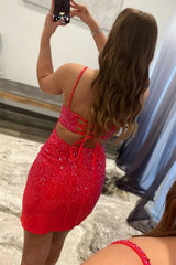 Rhinestone Spaghetti Straps All-Over Rhinestone Scatter Satin Lace-Up Open Back Front Split Bodycon Homecoming Dress Mini