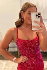 Rhinestone Spaghetti Straps All-Over Rhinestone Scatter Satin Lace-Up Open Back Front Split Bodycon Homecoming Dress Mini