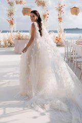 Romantic Ivory V-Neck Lace A-Line Spaghetti Strap Sequined Sleeveless Watteau Train Long Tulle Wedding Dresses With Slit