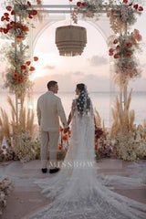 Romantic Ivory V-Neck Lace A-Line Spaghetti Strap Sequined Sleeveless Watteau Train Long Tulle Wedding Dresses With Slit