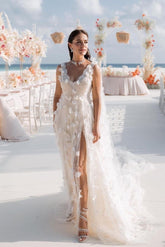 Romantic Ivory V-Neck Lace A-Line Spaghetti Strap Sequined Sleeveless Watteau Train Long Tulle Wedding Dresses With Slit
