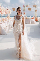Romantic Ivory V-Neck Lace A-Line Spaghetti Strap Sequined Sleeveless Watteau Train Long Tulle Wedding Dresses With Slit