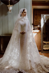 Romantic Long Mermaid White Lace Long Sleeves Backless Wedding Dress With Bridal Cape