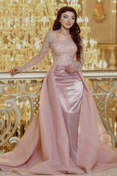 Romantic Pink Square Long-Sleeve Mermaid Evening Dress with Detachable Train