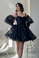 Romantic Sweetheart Floral Lace Off Shoulder Puff Sleeve A-Line Mini Cocktail Dress