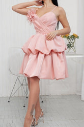Romantic Sweetheart Spaghetti Straps 3D Flower Ruffles Fit and Flare Mini Party Dress